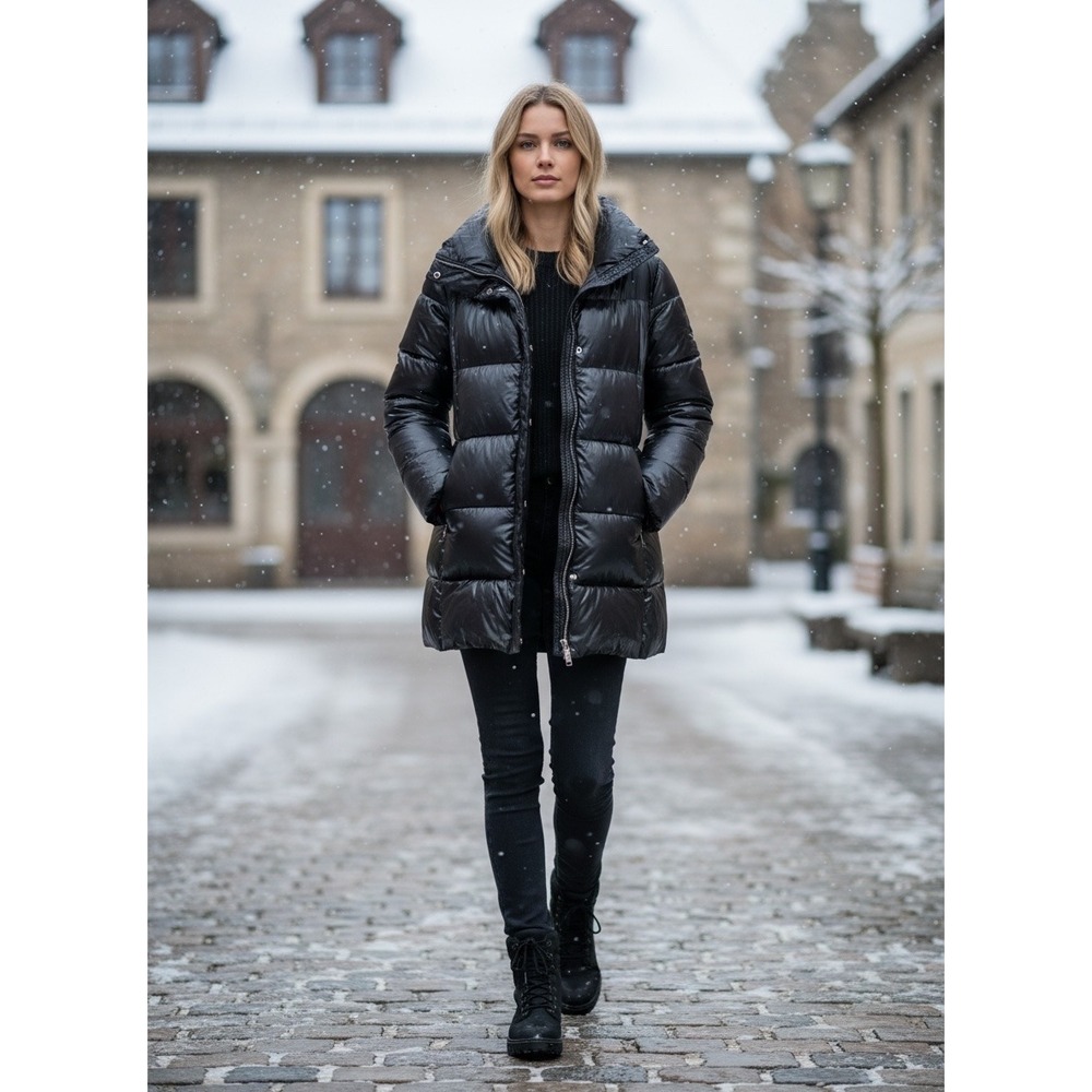Lands End Womens Black Down Puffer Coat Quilted Mid Length Jacket Small 6-8